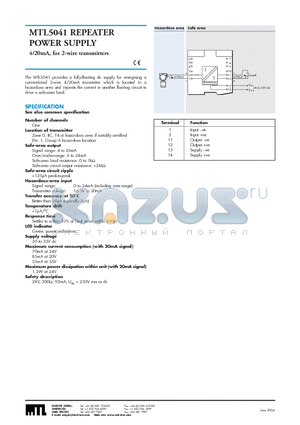 MTL5041 datasheet - REPEATER POWER SUPPLY / 4/20mA, for 2-wire transmitters