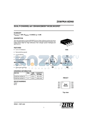 ZXMP6A18DN8 datasheet - DUAL P-CHANNEL 60V ENHANCEMENT MODE MOSFET