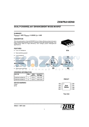 ZXMP6A18DN8TA datasheet - DUAL P-CHANNEL 60V ENHANCEMENT MODE MOSFET