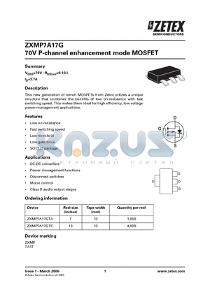 ZXMP7A17GTA datasheet - 70V P-channel enhancement mode MOSFET