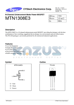 MTN1308E3 datasheet - N-Channel Enhancement Mode Power MOSFET