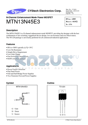 MTN13N45E3 datasheet - N-Channel Enhancement Mode Power MOSFET