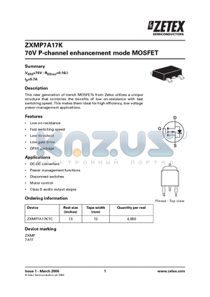 ZXMP7A17KTC datasheet - 70V P-channel enhancement mode MOSFET