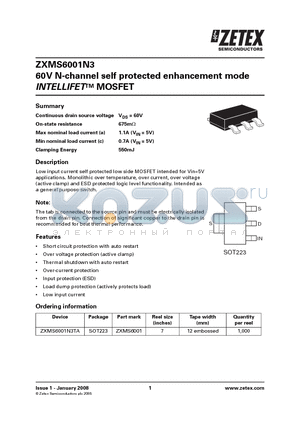 ZXMS6001 datasheet - 60V N-channel self protected enhancement mode INTELLIFETTM MOSFET