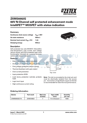 ZXMS6002G datasheet - 60V N-Channel self protected enhancement mode IntelliFET MOSFET with status indication