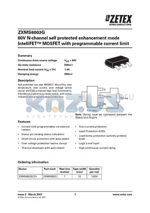 ZXMS6003 datasheet - 60V N-channel self protected enhancement mode IntelliFET MOSFET with programmable current limit