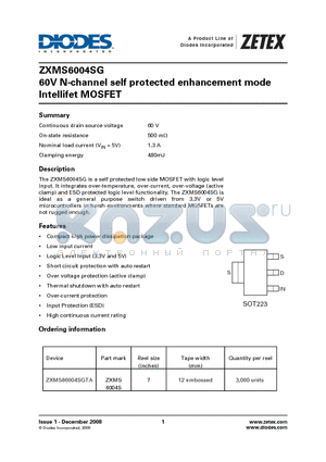 ZXMS66004SGTA datasheet - 60V N-channel self protected enhancement mode