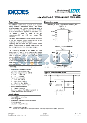 ZXRE060AH5TA datasheet - 0.6V ADJUSTABLE PRECISION SHUNT REGULATOR
