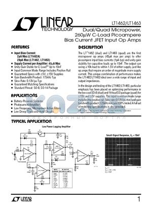 LT1462ACS8 datasheet - Dual/Quad Micropower, 260uW C-Load Picoampere Bias Current JFET Input Op Amps