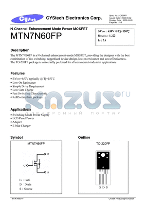 MTN7N60FP datasheet - N-Channel Enhancement Mode Power MOSFET