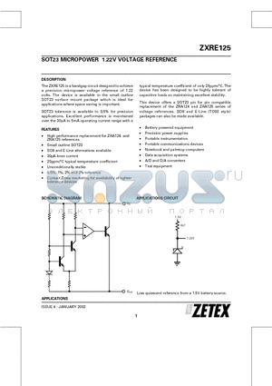 ZXRE125CF datasheet - SOT23 MICROPOWER 1.22V VOLTAGE REFERENCE