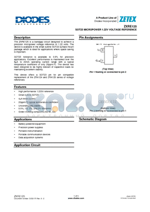 ZXRE125CFTA datasheet - SOT23 MICROPOWER 1.22V VOLTAGE REFERENCE