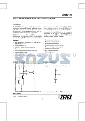 ZXRE125DF datasheet - SOT23 MICROPOWER 1.22V VOLTAGE REFERENCE