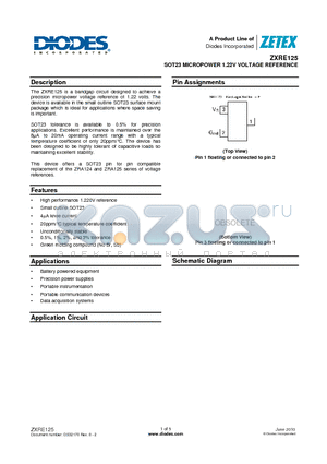 ZXRE125DFTA datasheet - SOT23 MICROPOWER 1.22V VOLTAGE REFERENCE