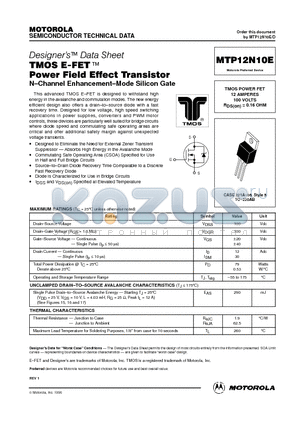 MTP12N10E datasheet - TMOS POWER FET 12 AMPERES 100 VOLTS RDS(on) = 0.16 OHM