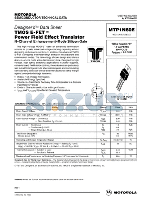 MTP1N60E datasheet - TMOS POWER FET 1.0 AMPERES 600 VOLTS RDS(on) = 8.0 OHM