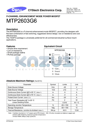 MTP2603G6 datasheet - P-CHANNEL ENHANCEMENT MODE POWER MOSFET