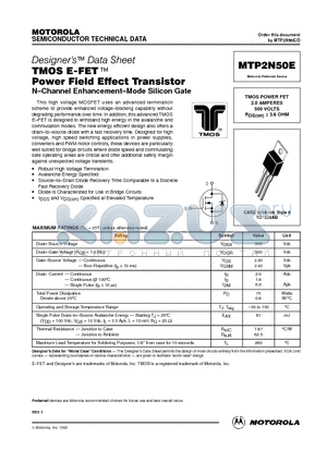 MTP2N50E datasheet - TMOS POWER FET 2.0 AMPERES 500 VOLTS RDS(on) = 3.6 OHM