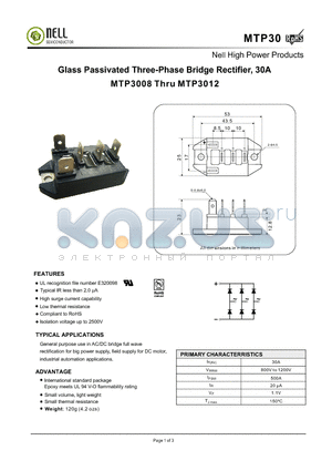 MTP30 datasheet - Glass Passivated Three-Phase Bridge Rectifier, 30A