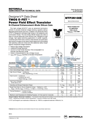 MTP3N100E datasheet - TMOS POWER FET 3.0 AMPERES 1000 VOLTS RDS(on) = 4.0 OHM