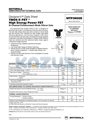 MTP3N50E datasheet - TMOS POWER FET 3.0 AMPERES 500 VOLTS RDS(on) = 3.0 OHMS