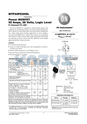 MTP50P03HDLG datasheet - Power MOSFET 50 Amps, 30 Volts, Logic Level P-Channel TO-220