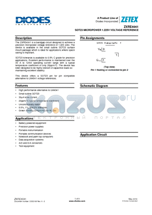 ZXRE4041 datasheet - SOT23 MICROPOWER 1.225V VOLTAGE REFERENCE