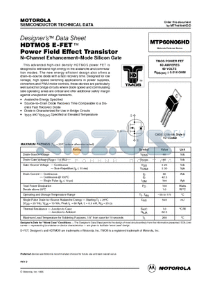 MTP60N06HD datasheet - TMOS POWER FET 60 AMPERES 60 VOLTS RDS(on) = 0.014 OHM