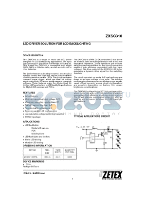ZXSC310 datasheet - LED DRIVER SOLUTION FOR LCD BACKLIGHTING