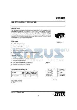 ZXSC400 datasheet - LED DRIVER BOOST CONVERTER