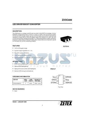 ZXSC400E6TA datasheet - LED DRIVER BOOST CONVERTER