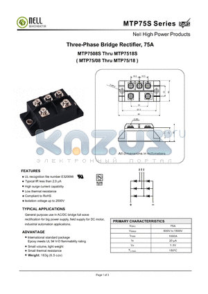 MTP75S datasheet - Three-Phase Bridge Rectifier, 75A