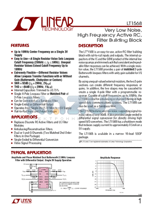 LT1568IGN datasheet - Very Low Noise, High Frequency Active RC, Filter Building Block
