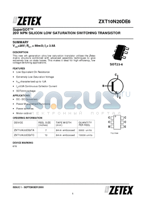 ZXT10N20DE6 datasheet - 20V NPN SILICON LOW SATURATION SWITCHING TRANSISTOR