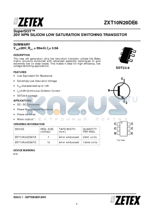 ZXT10N20DE6TC datasheet - 20V NPN SILICON LOW SATURATION SWITCHING TRANSISTOR