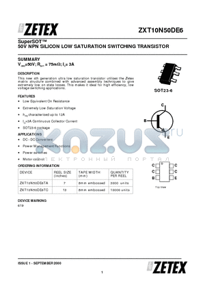 ZXT10N50DE6 datasheet - 50V NPN SILICON LOW SATURATION SWITCHING TRANSISTOR