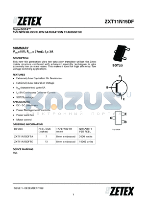 ZXT11N15DF datasheet - 15V NPN SILICON LOW SATURATION TRANSISTOR