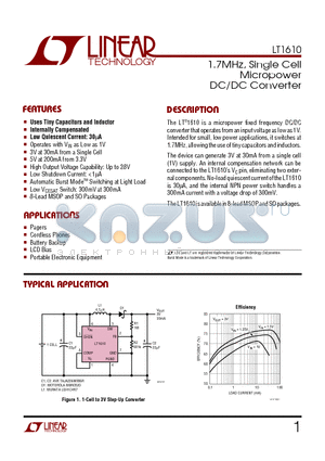 LT1610CMS8 datasheet - 1.7MHz, Single Cell Micropower DC/DC Converter