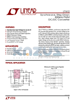 LT1612EMS8 datasheet - Synchronous, Step-Down 800kHz PWM DC/DC Converter