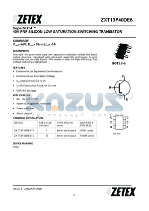 ZXT13P40DE6 datasheet - 40V PNP SILICON LOW SATURATION SWITCHING TRANSISTOR