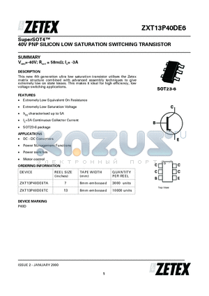 ZXT13P40DE6TC datasheet - 40V PNP SILICON LOW SATURATION SWITCHING TRANSISTOR