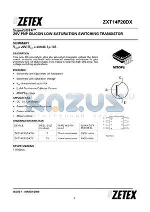 ZXT14P20DXTC datasheet - 20V PNP SILICON LOW SATURATION SWITCHING TRANSISTOR
