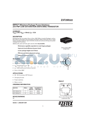 ZXT2M322 datasheet - MPPS Miniature Package Power Solutions 20V PNP LOW SATURATION SWITCHING TRANSISTOR