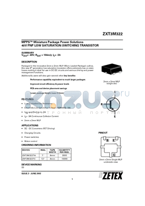 ZXT3M322 datasheet - MPPS Miniature Package Power Solutions 40V PNP LOW SATURATION SWITCHING TRANSISTOR