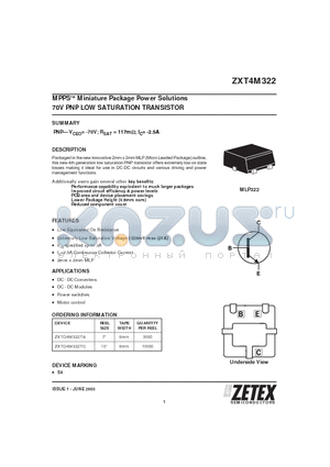 ZXT4M322 datasheet - 70V PNP LOW SATURATION TRANSISTOR