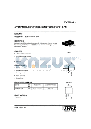 ZXT790AK datasheet - 40V PNP MEDIUM POWER HIGH GAIN TRANSISTOR IN D-PAK