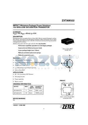 ZXTAM322 datasheet - MPPS Miniature Package Power Solutions 15V NPN LOW SATURATION TRANSISTOR