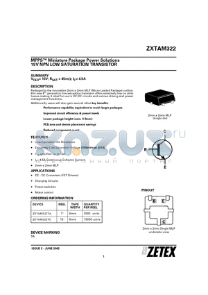 ZXTAM322TA datasheet - MPPS Miniature Package Power Solutions 15V NPN LOW SATURATION TRANSISTOR