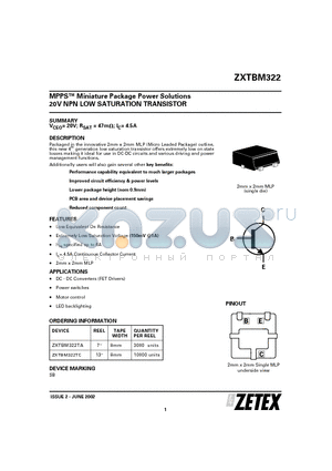 ZXTBM322 datasheet - MPPS Miniature Package Power Solutions 20V NPN LOW SATURATION TRANSISTOR