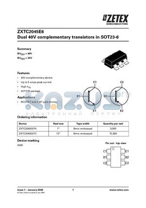 ZXTC2045E6 datasheet - Dual 40V complementary transistors in SOT23-6